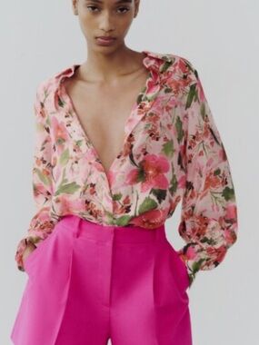 NWOT Zara Vibrant pink and green floral button up top